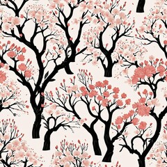 Fototapeta premium Blossom trees with flowers. Seamless pattern, background. In Chinoiserie, japandi, botanical style