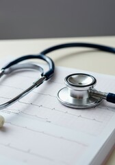 Stethoscope on ecg graph: medical equipment for heart health assessment