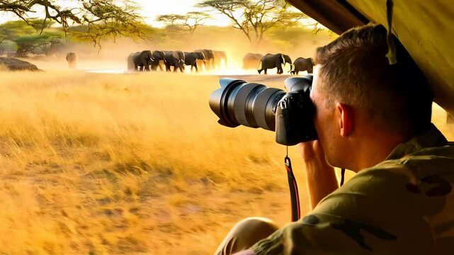 Wildlife photographer capturing massive elephant herd roaming luminous golden savanna, silhouetted against vibrant sunset from protected safari vehicle