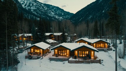 Fototapeta premium Enchanting Winter Retreat Snow-Covered Wooden Cabins in Mountain Valley with Warm Glow, Serene Twilight Setting