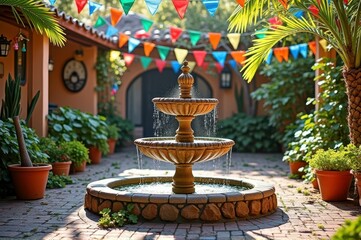 Vibrant courtyard with stone fountain and colorful banners on a sunny day