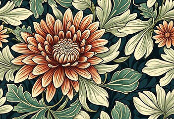 Chrysanthemum decorative flowers and leaves in art nouveau style, vintage, old, retro style. Seamless pattern, background