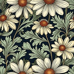 Chrysanthemum decorative flowers and leaves in art nouveau style, vintage, old, retro style. Seamless pattern, background