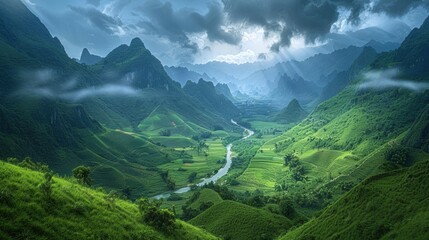 Fototapeta premium A breathtaking valley surrounded by towering mountains, covered in lush greenery under dramatic storm clouds, creating a serene yet mysterious atmosphere.