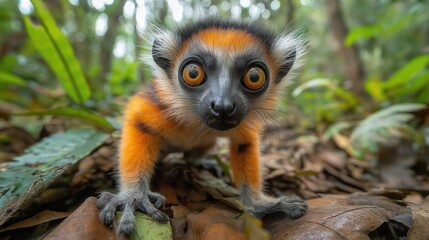 Obraz premium Close-up of a lemur's bright eyes and striped tail in lush Madagascar forest