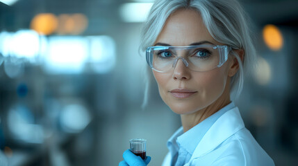 Senior female scientist examining blood sample with safety glasses in laboratory setting.