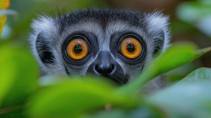 Obraz premium Close-up of a lemur's bright eyes and striped tail in lush Madagascar forest