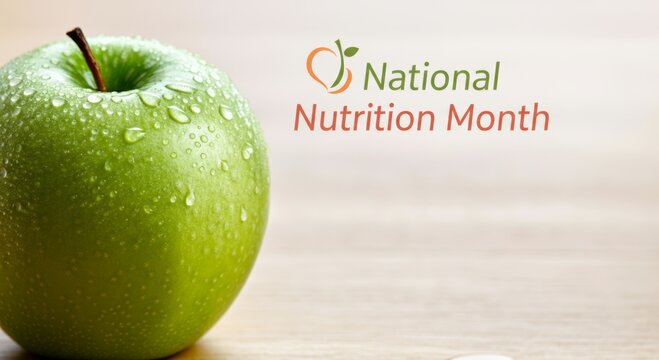 Green apple with water droplets on wooden table for National Nutrition Month