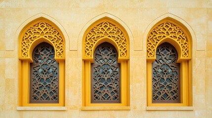 Intricate Arabic Design in Windows with Yellow Stone Background