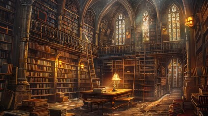 Fototapeta premium A grand ancient library illuminated by warm golden light, showcasing rows of aged books, towering wooden bookshelves, and medieval architecture with gothic arches and ornate chandeliers.