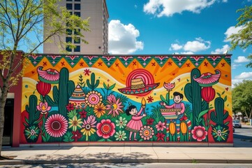 Naklejka premium Vibrant mexican-themed mural with cacti and children on urban wall