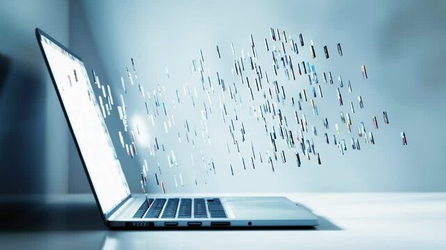 Small digital photos are coming out from a laptop screen on a white desk