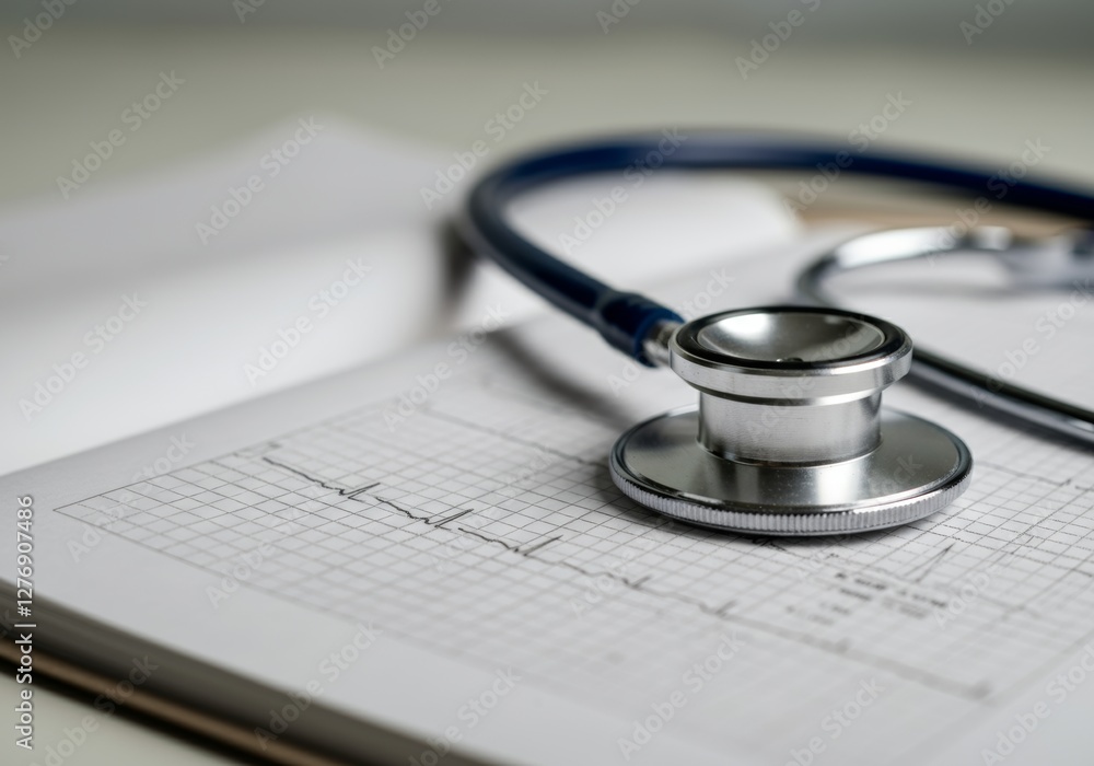 Poster stethoscope resting on an open medical chart with heartbeat graph