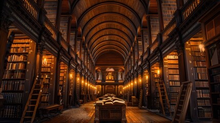 A grand ancient library illuminated by warm golden light, showcasing rows of aged books, towering wooden bookshelves, and medieval architecture with gothic arches and ornate chandeliers.