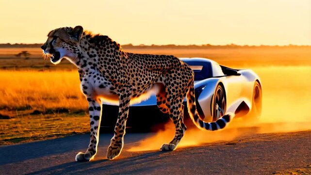 Powerful cheetah sprinting alongside sleek silver supercar, highlighting wild speed against technological backdrop during golden sunset moment