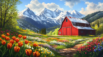 A red barn in the middle of a field full of tulips, surrounded by white daisies and green grasses
