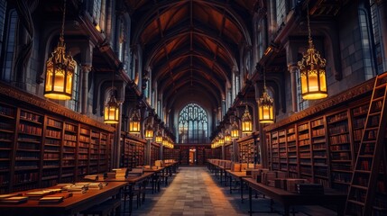 A grand ancient library illuminated by warm golden light, showcasing rows of aged books, towering wooden bookshelves, and medieval architecture with gothic arches and ornate chandeliers.