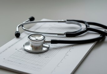 Stethoscope on medical documents with heartbeat graph on table