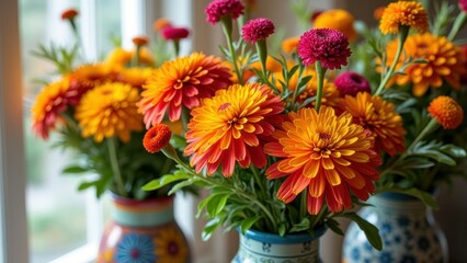 Fototapeta premium Colorful flower arrangements in decorative vases by window