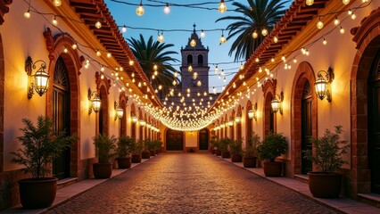 Obraz premium Charming spanish colonial courtyard with string lights at dusk