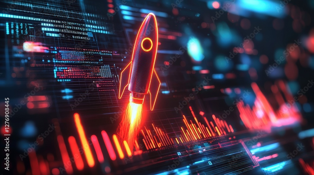 Aufkleber Glowing rocket launch on a digital display with rising chart bars, symbolizing rapid growth. Ideal for startups, fintech, technology, and investment concepts.