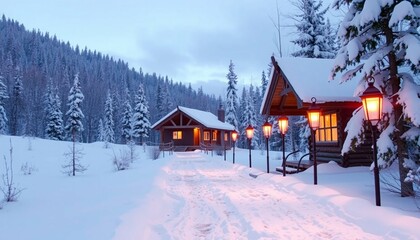 Fototapeta premium Cozy winter landscape with snow covered cabins in a mountain forest at night. Warm glowing lights illuminate the cold, serene holiday scene with rustic houses.