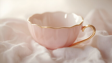 Elegant pink teacup with golden trim on soft fabric. Delicate, refined, perfect for tea time.