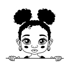 Cute black and white vector illustration of a little girl with curly hair in buns, big expressive eyes. Perfect for coloring pages, stickers, prints, and digital designs.