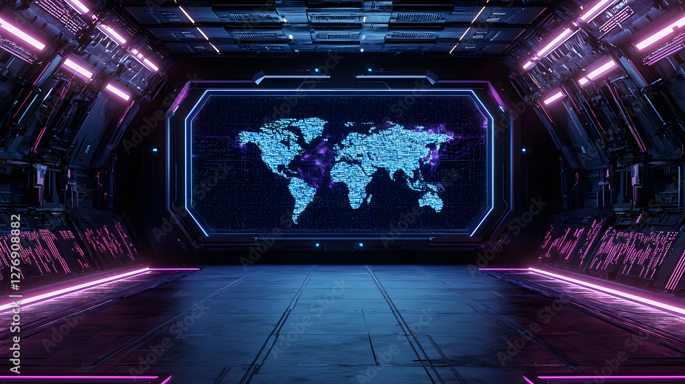 Poster futuristic world map display virtual reality environment digital art cybernetic setting wide viewpoi