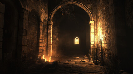 Fototapeta premium Dark ancient stone corridor illuminated by flickering torches, creating a mysterious and eerie atmosphere.