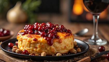 Baked brie topped with cranberry sauce in cozy living room, festive comfort