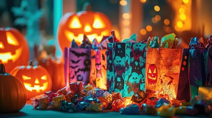 Fototapeta premium Halloween treat bags filled with candy in front of glowing pumpkins, celebrating the spooky season. Great for party invites, seasonal greetings, and product promos.