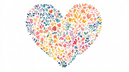 A heart-shaped illustration made of delicate pastel flowers and leaves creating a soft romantic design on a clean white background

