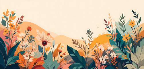 Abstract summer vibes plants and leaf illustrated vector style, minimalist, warm colours combination, spring wild flowers,