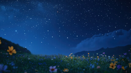 Fototapeta premium Magical starry night sky over a blooming wildflower meadow with the Milky Way glowing above
