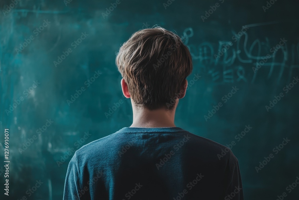 Poster student contemplating ideas in a classroom while looking at a chalkboard filled with equations and n
