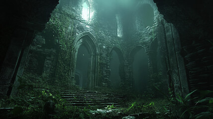 Mysterious Ancient Ruins with Gothic Arches Overgrown by Moss and Glowing Light from Above
