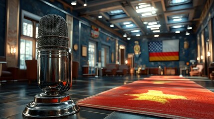 Vintage microphone in grand hall, diplomatic meeting, USA and Vietnam flags
