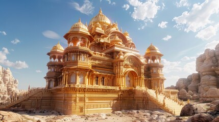 Fototapeta premium A majestic ancient desert palace with golden domes, standing resilient among the vast sands under the radiant sun.