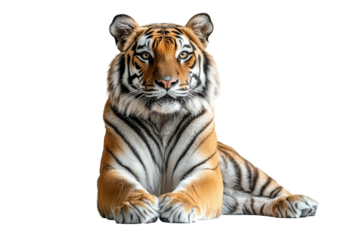 Close up portrait of tiger lying calmly with focused eyes isolated on transparent background