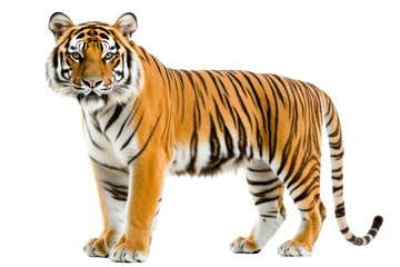 Full body view of strong adult tiger walking confidently in nature isolated on transparent background