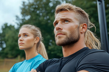Obraz premium Athletic couple resting outdoors, focused, park background, fitness lifestyle
