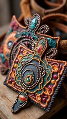 Intricate beaded patterns on colorful ethnic textile patches with vibrant embroidery detail