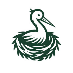Fototapeta premium Green Stork in Nest Icon for Baby Stores, Pregnancy Blogs, Healthcare Websites and Parenting Guides
