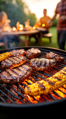 Backyard BBQ Steaks and corn grilling, friends gather