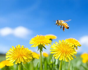 Bee flying near dandelions, sunny day, meadow. Stock photo for nature, spring