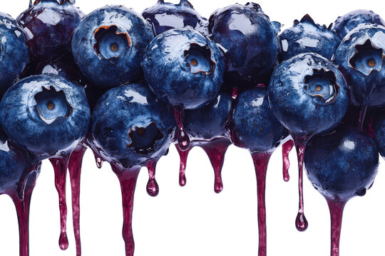 Blueberries dripping with dark purple syrup jam, showcasing fresh fruit with juicy texture isolated on transparent background