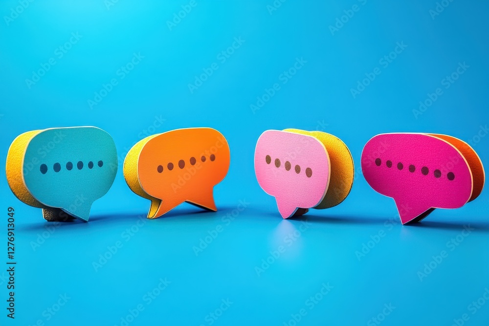 Poster colorful speech bubbles arranged on a bright blue background for communication and expression