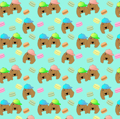 seamless pattern with spaniel dogs and macaroons, vector illustration, eps 10