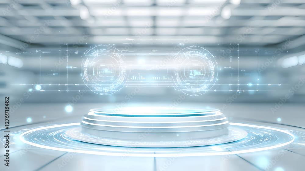 Poster futuristic holographic display showcase modern tech lab visual presentation high-tech environment ae